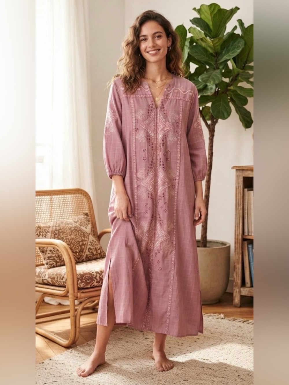 Ethnic 100% Cotton Dusty Purple Embroidered Maxi Kaftan Dress - Size M